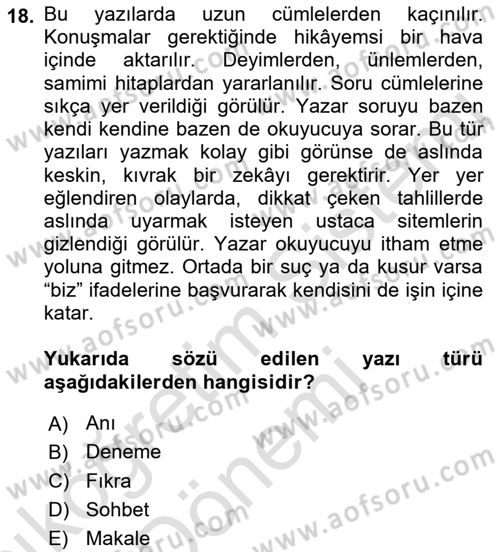Cumhuriyet Dönemi Türk Nesri Dersi 2022 - 2023 Yılı (Vize) Ara Sınav Soruları 18. Soru
