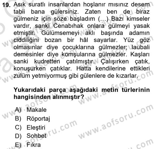 Cumhuriyet Dönemi Türk Nesri Dersi Ara Sınavı Deneme Sınav Soruları 19. Soru