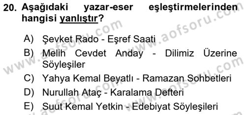 Cumhuriyet Dönemi Türk Nesri Dersi Ara Sınavı Deneme Sınav Soruları 20. Soru