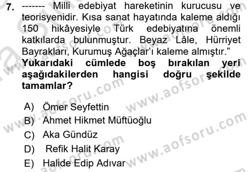 Cumhuriyet Dönemi Türk Nesri Dersi 2022 - 2023 Yılı (Vize) Ara Sınav Soruları 7. Soru