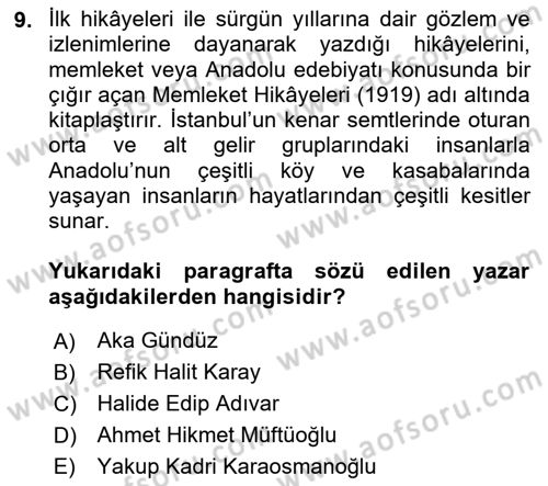Cumhuriyet Dönemi Türk Nesri Dersi Ara Sınavı Deneme Sınav Soruları 9. Soru