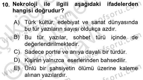 Cumhuriyet Dönemi Türk Nesri Dersi 2022 - 2023 Yılı (Final) Dönem Sonu Sınav Soruları 10. Soru