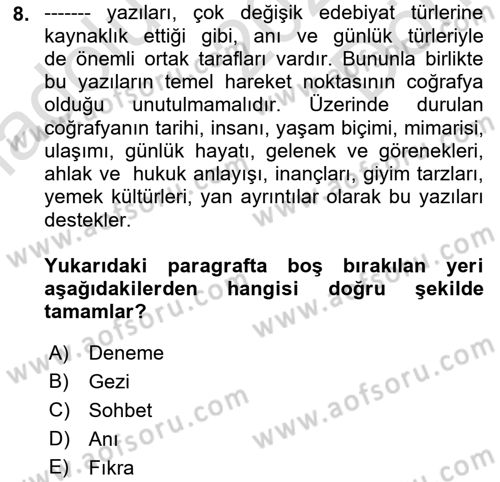 Cumhuriyet Dönemi Türk Nesri Dersi 2022 - 2023 Yılı (Final) Dönem Sonu Sınav Soruları 8. Soru