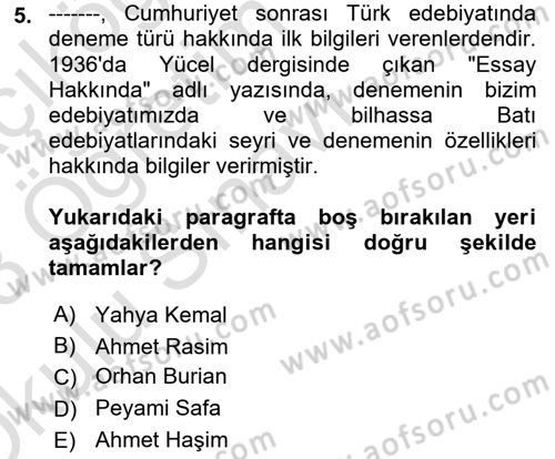 Cumhuriyet Dönemi Türk Nesri Dersi 2022 - 2023 Yılı Yaz Okulu Sınav Soruları 5. Soru