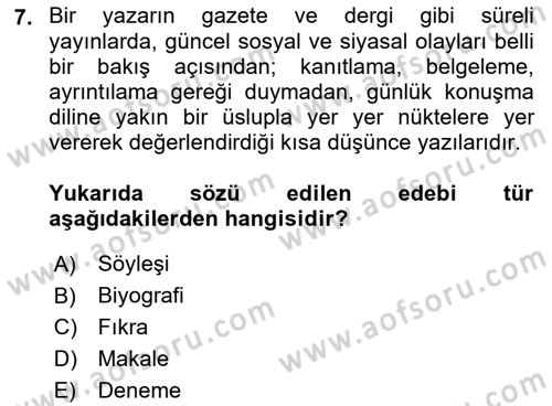 Cumhuriyet Dönemi Türk Nesri Dersi 2022 - 2023 Yılı Yaz Okulu Sınav Soruları 7. Soru
