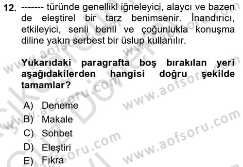 Cumhuriyet Dönemi Türk Nesri Dersi 2023 - 2024 Yılı (Vize) Ara Sınav Soruları 12. Soru