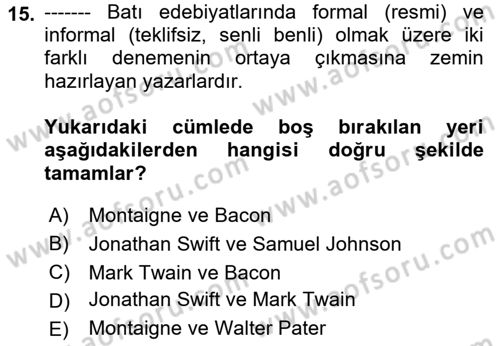 Cumhuriyet Dönemi Türk Nesri Dersi 2023 - 2024 Yılı (Vize) Ara Sınav Soruları 15. Soru