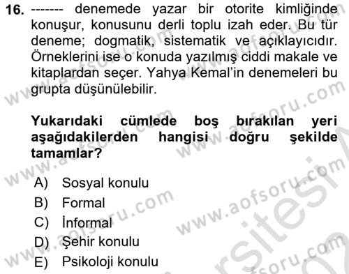 Cumhuriyet Dönemi Türk Nesri Dersi Ara Sınavı Deneme Sınav Soruları 16. Soru