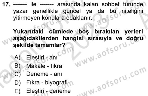 Cumhuriyet Dönemi Türk Nesri Dersi Ara Sınavı Deneme Sınav Soruları 17. Soru