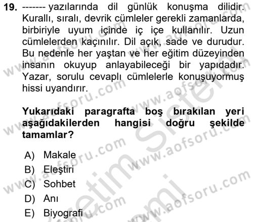 Cumhuriyet Dönemi Türk Nesri Dersi 2023 - 2024 Yılı (Vize) Ara Sınav Soruları 19. Soru