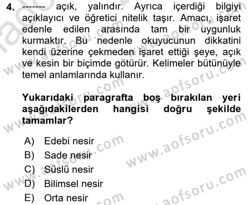 Cumhuriyet Dönemi Türk Nesri Dersi Ara Sınavı Deneme Sınav Soruları 4. Soru