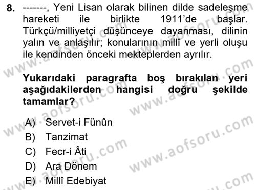 Cumhuriyet Dönemi Türk Nesri Dersi 2023 - 2024 Yılı (Vize) Ara Sınav Soruları 8. Soru