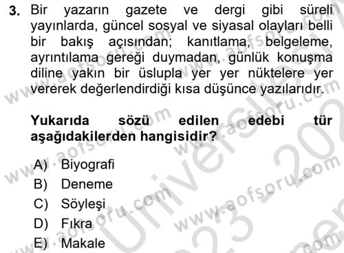Cumhuriyet Dönemi Türk Nesri Dersi 2023 - 2024 Yılı (Final) Dönem Sonu Sınav Soruları 3. Soru