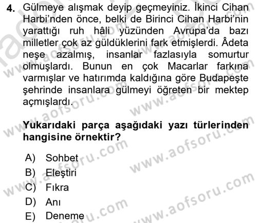Cumhuriyet Dönemi Türk Nesri Dersi 2023 - 2024 Yılı (Final) Dönem Sonu Sınav Soruları 4. Soru