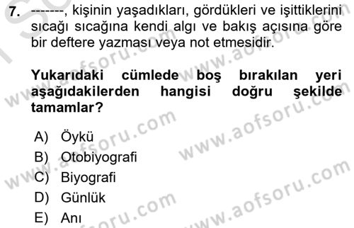 Cumhuriyet Dönemi Türk Nesri Dersi 2023 - 2024 Yılı (Final) Dönem Sonu Sınav Soruları 7. Soru
