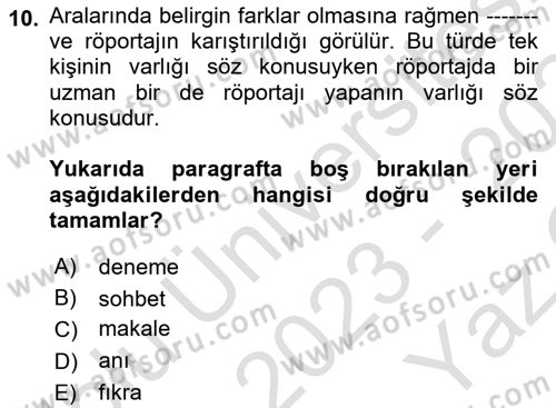 Cumhuriyet Dönemi Türk Nesri Dersi 2023 - 2024 Yılı Yaz Okulu Sınav Soruları 10. Soru