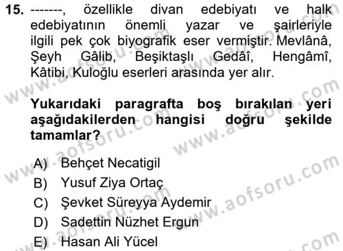 Cumhuriyet Dönemi Türk Nesri Dersi 2023 - 2024 Yılı Yaz Okulu Sınav Soruları 15. Soru