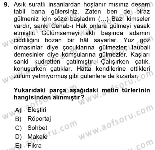 Cumhuriyet Dönemi Türk Nesri Dersi 2023 - 2024 Yılı Yaz Okulu Sınav Soruları 9. Soru