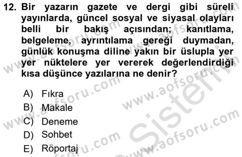 Cumhuriyet Dönemi Türk Nesri Dersi 2024 - 2025 Yılı (Vize) Ara Sınav Soruları 12. Soru