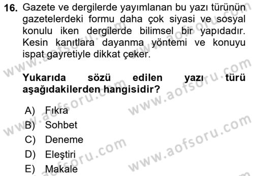 Cumhuriyet Dönemi Türk Nesri Dersi Ara Sınavı Deneme Sınav Soruları 16. Soru
