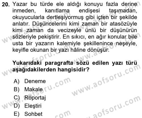 Cumhuriyet Dönemi Türk Nesri Dersi Ara Sınavı Deneme Sınav Soruları 20. Soru
