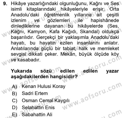 Cumhuriyet Dönemi Türk Nesri Dersi Ara Sınavı Deneme Sınav Soruları 9. Soru