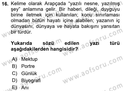Cumhuriyet Dönemi Türk Nesri Dersi 2024 - 2025 Yılı (Final) Dönem Sonu Sınav Soruları 16. Soru