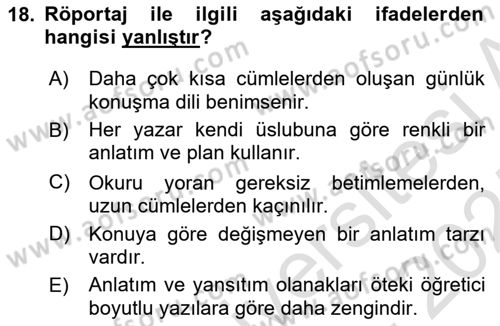 Cumhuriyet Dönemi Türk Nesri Dersi 2024 - 2025 Yılı (Final) Dönem Sonu Sınav Soruları 18. Soru