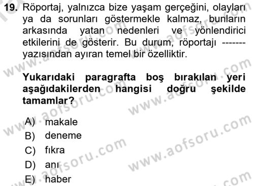 Cumhuriyet Dönemi Türk Nesri Dersi 2024 - 2025 Yılı (Final) Dönem Sonu Sınav Soruları 19. Soru