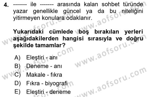 Cumhuriyet Dönemi Türk Nesri Dersi 2024 - 2025 Yılı (Final) Dönem Sonu Sınav Soruları 4. Soru