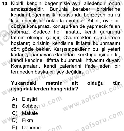 Cumhuriyet Dönemi Türk Nesri Dersi 2024 - 2025 Yılı Yaz Okulu Sınav Soruları 10. Soru