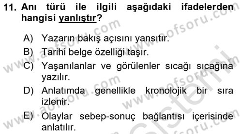 Cumhuriyet Dönemi Türk Nesri Dersi 2024 - 2025 Yılı Yaz Okulu Sınav Soruları 11. Soru