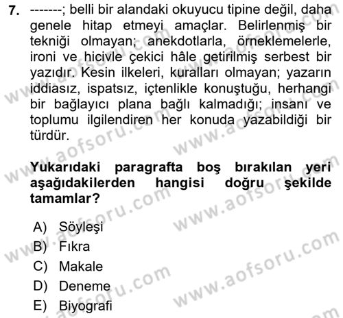 Cumhuriyet Dönemi Türk Nesri Dersi 2024 - 2025 Yılı Yaz Okulu Sınav Soruları 7. Soru
