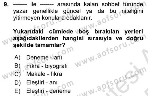 Cumhuriyet Dönemi Türk Nesri Dersi 2024 - 2025 Yılı Yaz Okulu Sınav Soruları 9. Soru