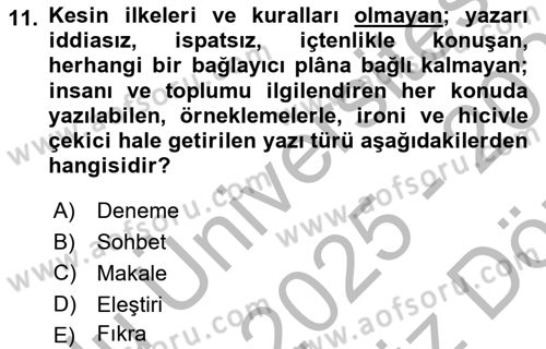 Cumhuriyet Dönemi Türk Nesri Dersi 2025 - 2026 Yılı (Vize) Ara Sınav Soruları 11. Soru
