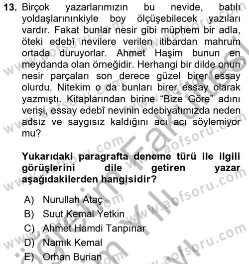 Cumhuriyet Dönemi Türk Nesri Dersi 2025 - 2026 Yılı (Vize) Ara Sınav Soruları 13. Soru