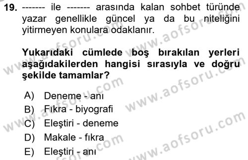 Cumhuriyet Dönemi Türk Nesri Dersi 2025 - 2026 Yılı (Vize) Ara Sınav Soruları 19. Soru