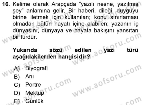 Cumhuriyet Dönemi Türk Nesri Dersi 2025 - 2026 Yılı (Final) Dönem Sonu Sınav Soruları 16. Soru