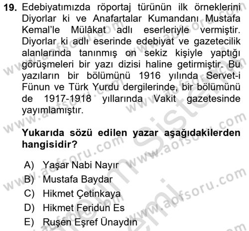 Cumhuriyet Dönemi Türk Nesri Dersi 2025 - 2026 Yılı (Final) Dönem Sonu Sınav Soruları 19. Soru