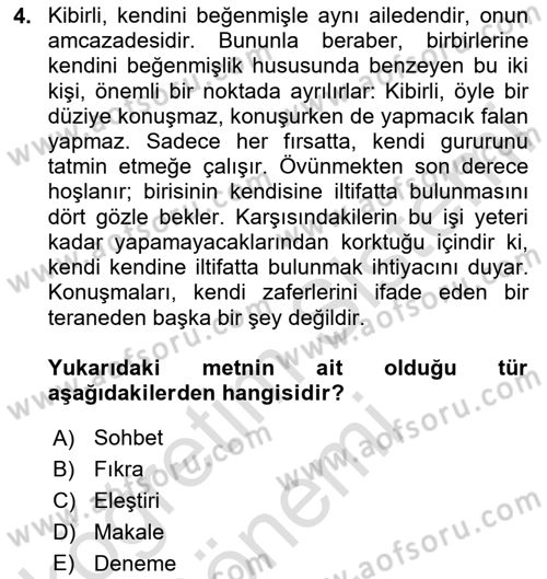 Cumhuriyet Dönemi Türk Nesri Dersi 2025 - 2026 Yılı (Final) Dönem Sonu Sınav Soruları 4. Soru