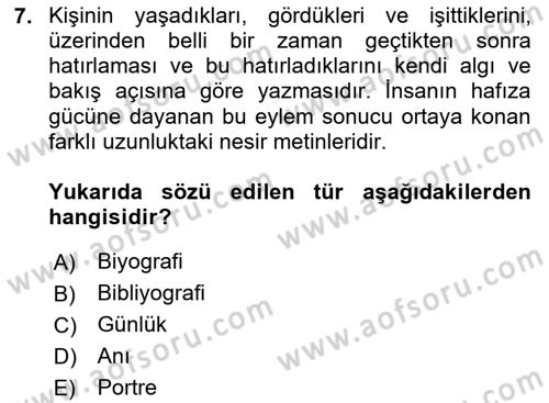 Cumhuriyet Dönemi Türk Nesri Dersi 2025 - 2026 Yılı (Final) Dönem Sonu Sınav Soruları 7. Soru