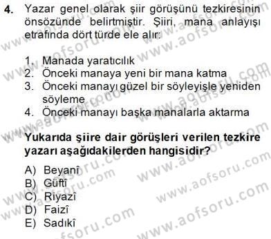 Eski Türk Edebiyatının Kaynaklarından Şair Tezkireleri Dersi 2014 - 2015 Yılı (Final) Dönem Sonu Sınav Soruları 4. Soru