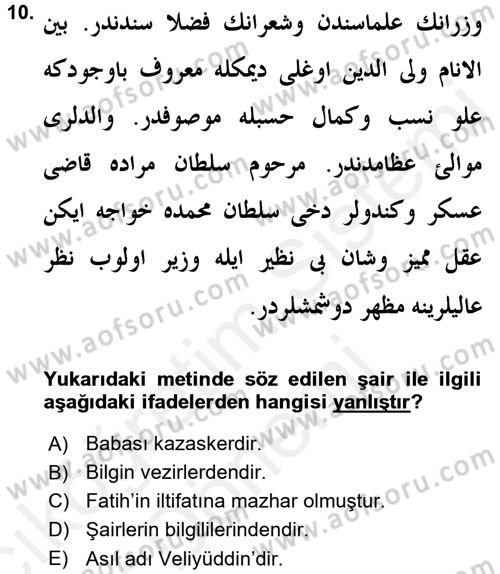 Eski Türk Edebiyatının Kaynaklarından Şair Tezkireleri Dersi 2015 - 2016 Yılı (Vize) Ara Sınav Soruları 10. Soru