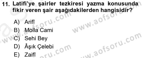 Eski Türk Edebiyatının Kaynaklarından Şair Tezkireleri Dersi 2015 - 2016 Yılı (Vize) Ara Sınav Soruları 11. Soru