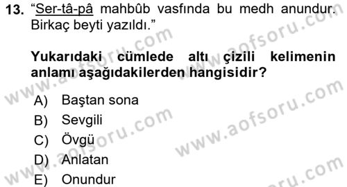 Eski Türk Edebiyatının Kaynaklarından Şair Tezkireleri Dersi 2015 - 2016 Yılı (Vize) Ara Sınav Soruları 13. Soru