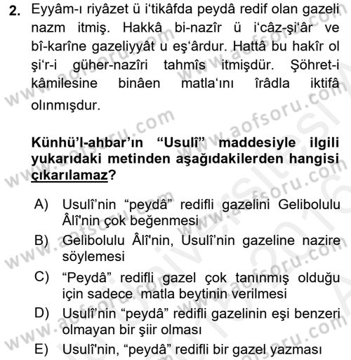 Eski Türk Edebiyatının Kaynaklarından Şair Tezkireleri Dersi 2015 - 2016 Yılı (Vize) Ara Sınav Soruları 2. Soru