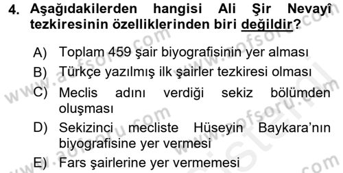 Eski Türk Edebiyatının Kaynaklarından Şair Tezkireleri Dersi 2015 - 2016 Yılı (Vize) Ara Sınavı 4. Soru