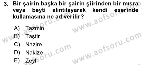 Eski Türk Edebiyatının Kaynaklarından Şair Tezkireleri Dersi 2015 - 2016 Yılı Tek Ders Sınav Soruları 3. Soru