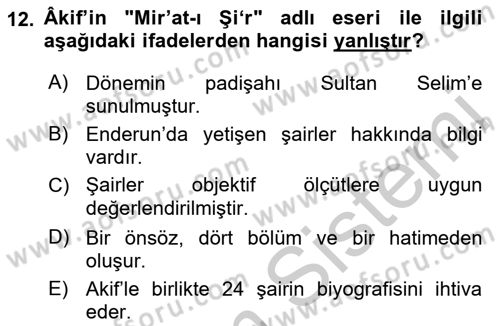 Eski Türk Edebiyatının Kaynaklarından Şair Tezkireleri Dersi 2016 - 2017 Yılı 3 Ders Sınavı 12. Soru