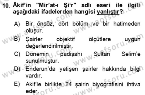 Eski Türk Edebiyatının Kaynaklarından Şair Tezkireleri Dersi 2016 - 2017 Yılı (Final) Dönem Sonu Sınav Soruları 10. Soru